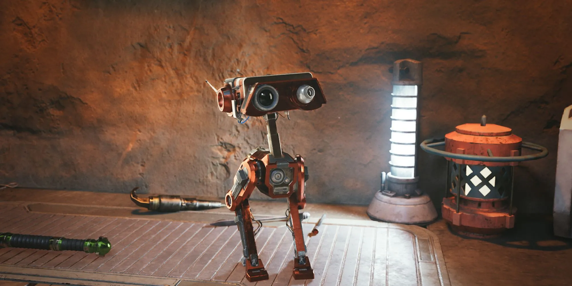 Robot BD-1 nhỏ bé nhưng hữu ích trên bàn làm việc trong Star Wars Jedi Survivor.