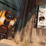 Robot Claptrap vui nhộn từ Borderlands 3 đang cố gắng mở một cánh cổng bị khóa.
