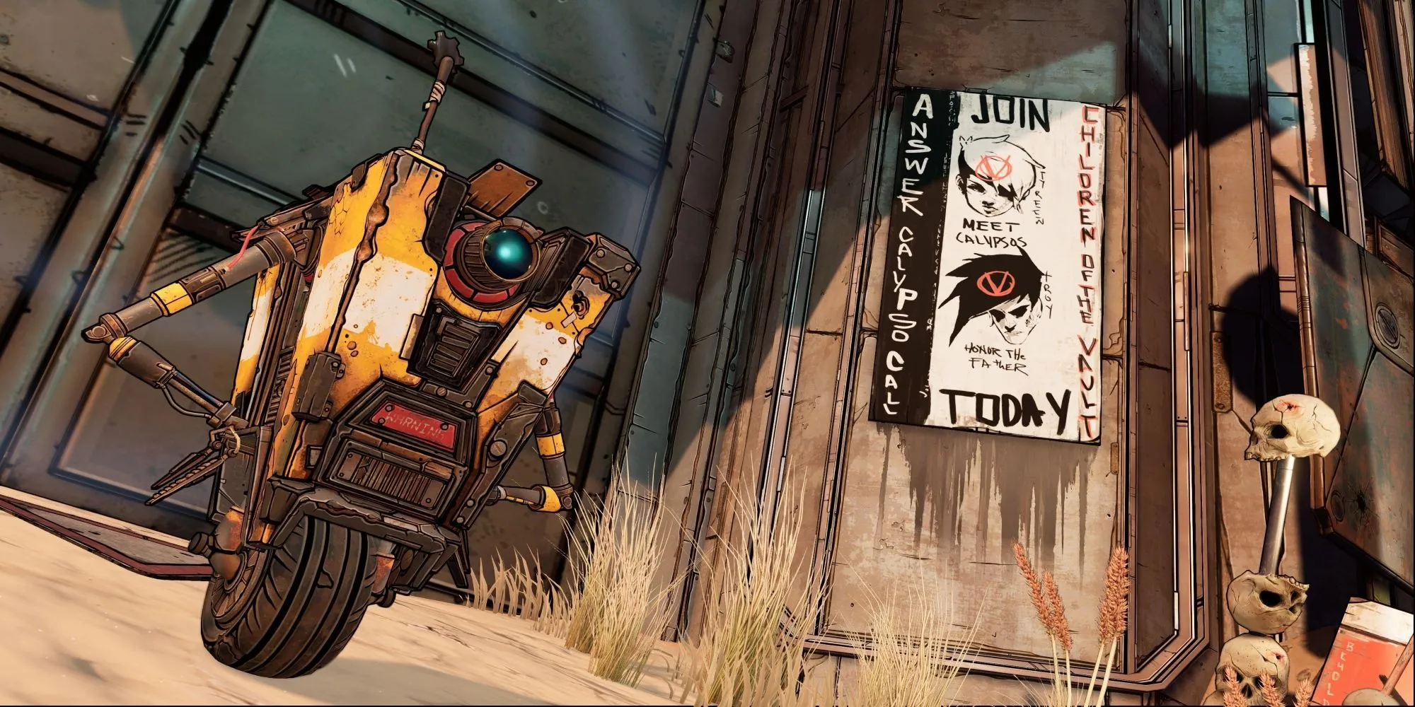 Robot Claptrap vui nhộn từ Borderlands 3 đang cố gắng mở một cánh cổng bị khóa.