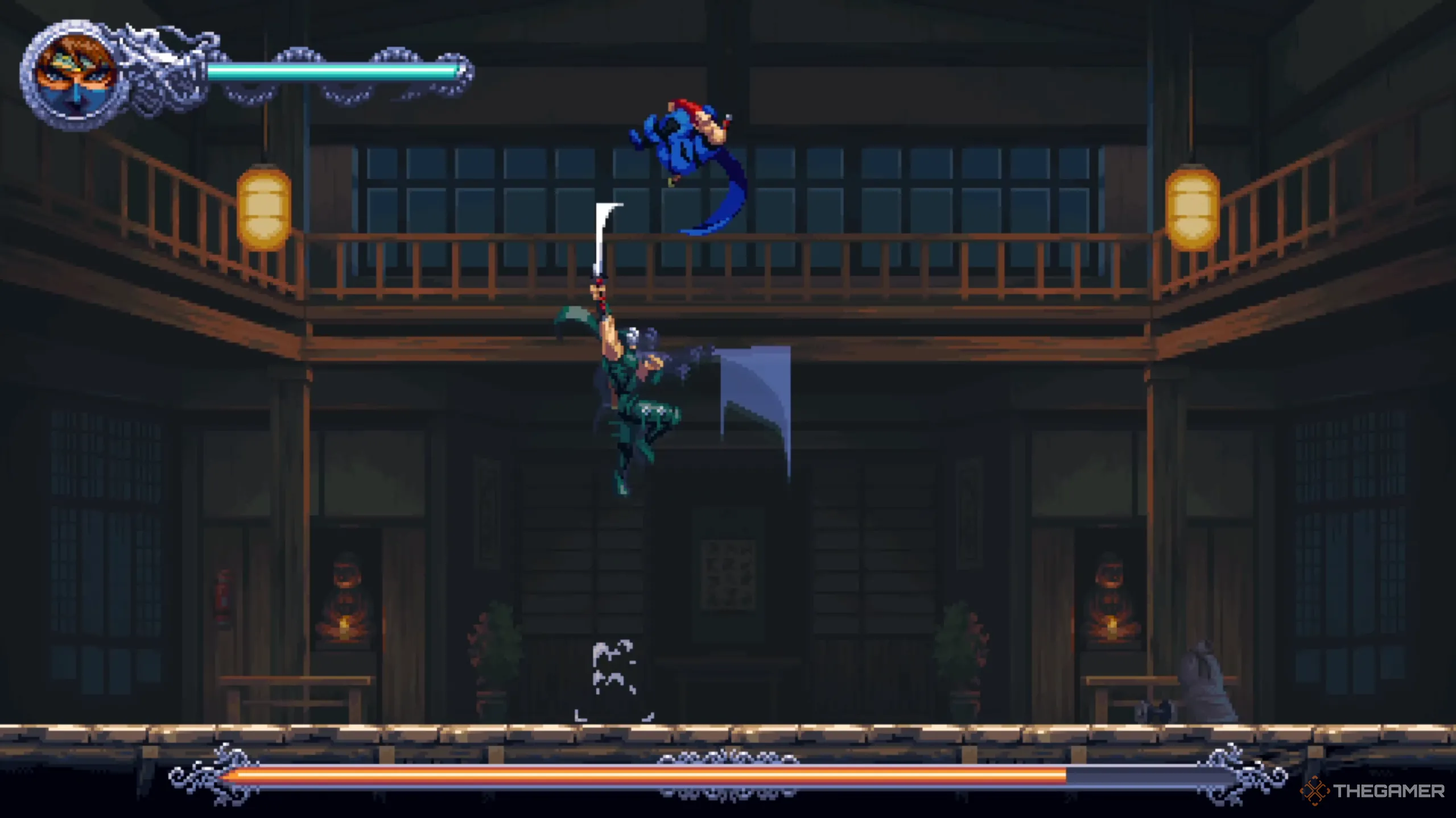 Ryu Hayabusa thực hiện đòn chém móc lên Kenji, một chiêu khó chịu trong Ninja Gaiden Ragebound.