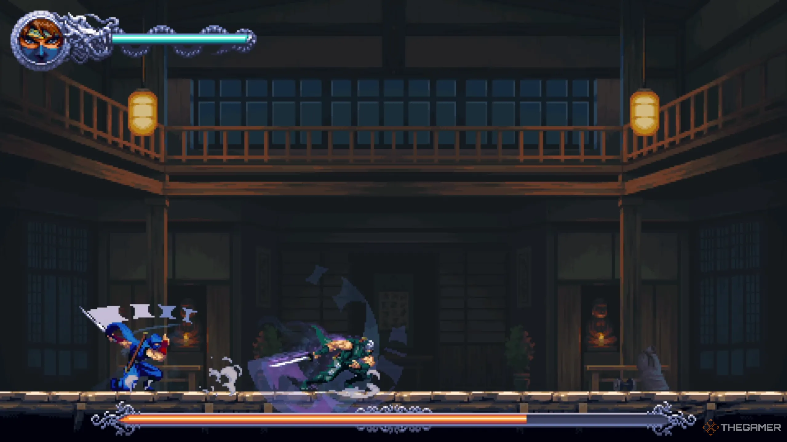 Ryu Hayabusa tung đòn Tam Đoạn Trảm về phía Kenji trong Ninja Gaiden Ragebound.