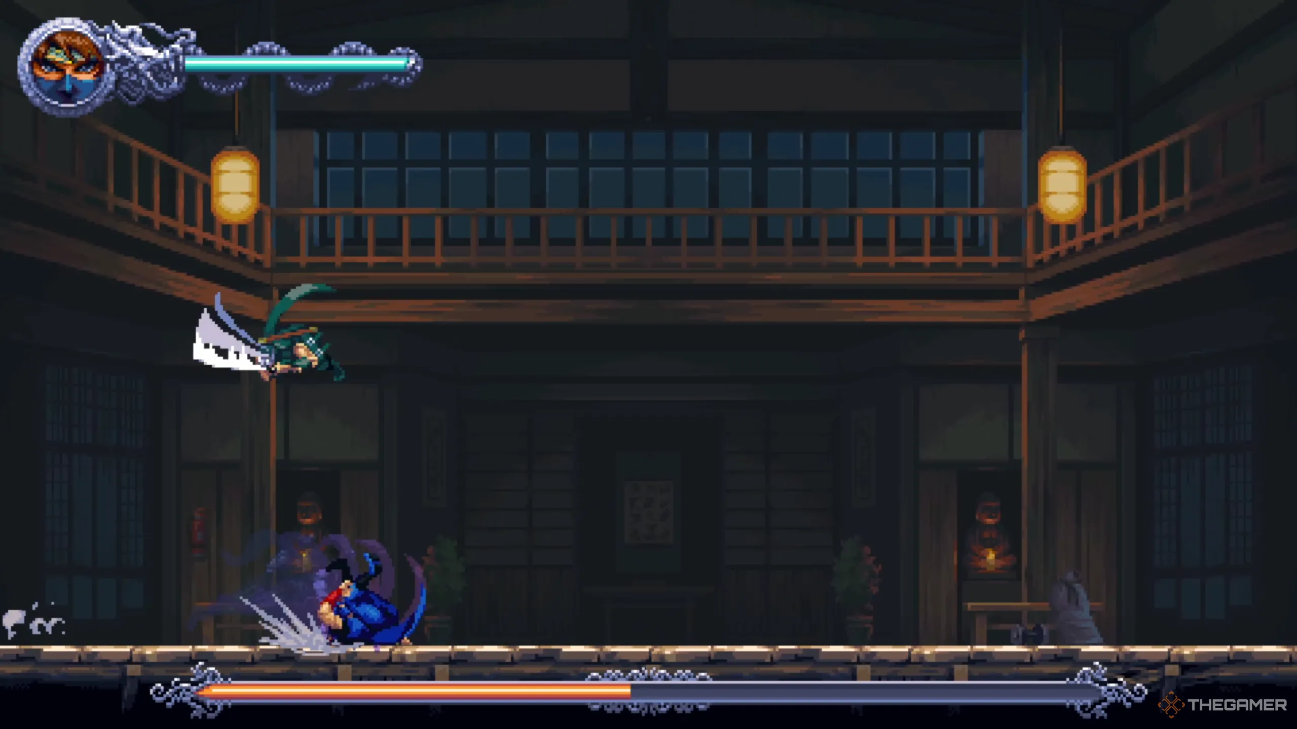 Ryu Hayabusa tung ra đòn chém xuống hiểm hóc, buộc Kenji phải né tránh trong Ninja Gaiden Ragebound.