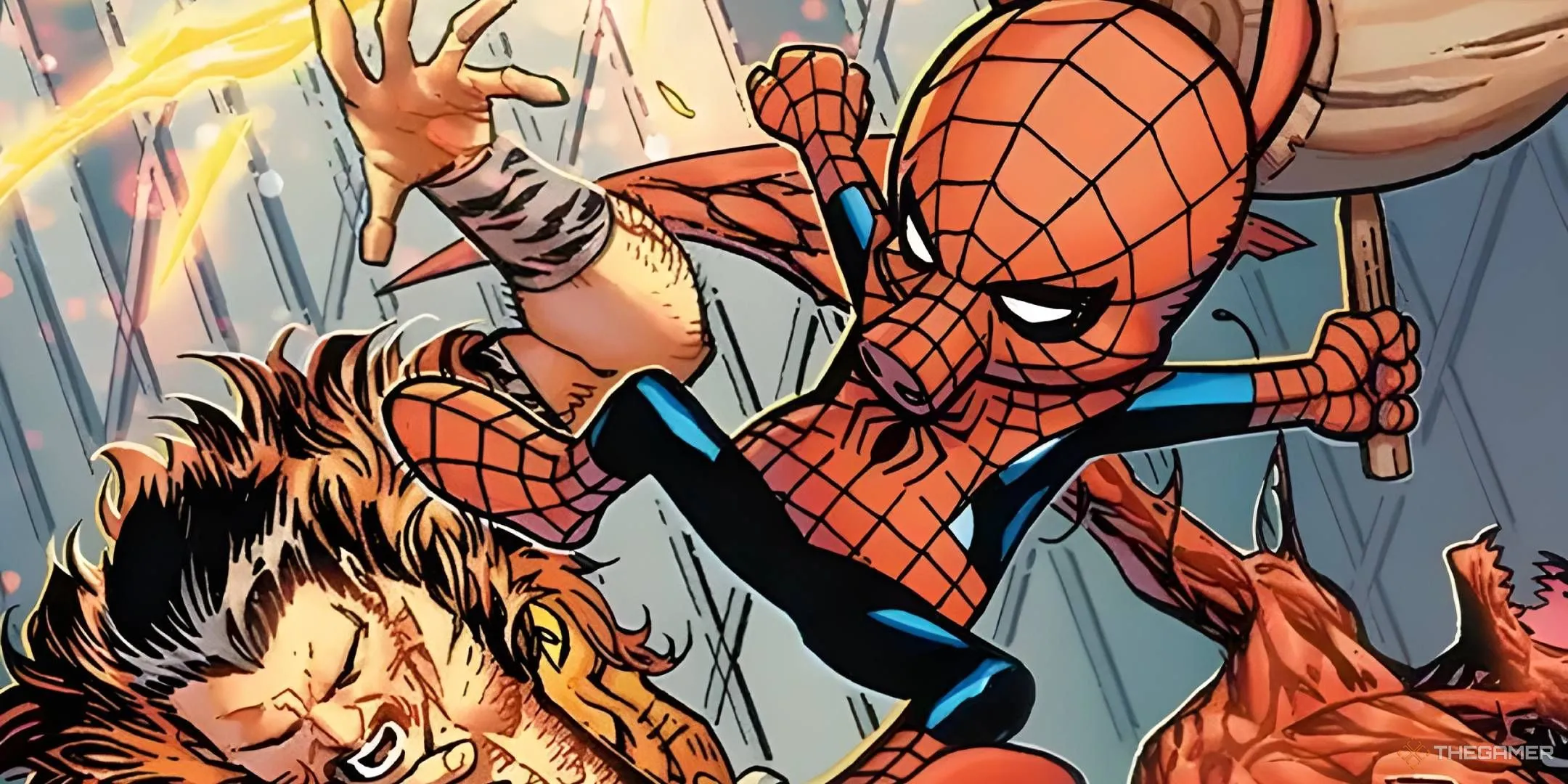 Spider-Ham dùng búa giã Kraven Thợ Săn trong vũ trụ Marvel