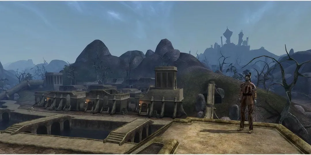 Thành phố Balmora với kiến trúc độc đáo nhìn từ trên cao trong Morrowind