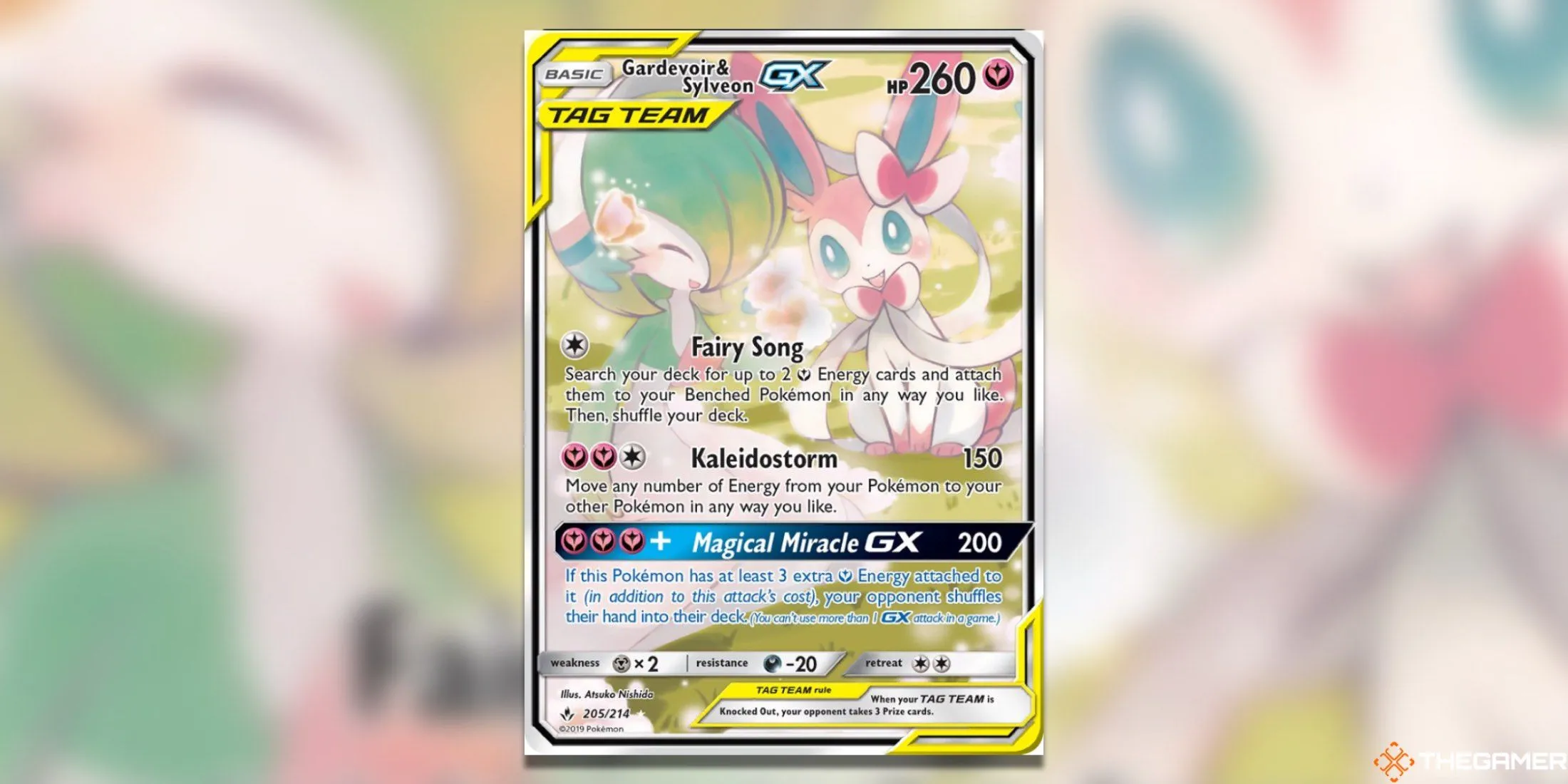 Thẻ Gardevoir &amp; Sylveon GX Alternate Full Art từ Unbroken Bonds Pokemon TCG, minh họa sự kết hợp mạnh mẽ của Gardevoir và Sylveon.