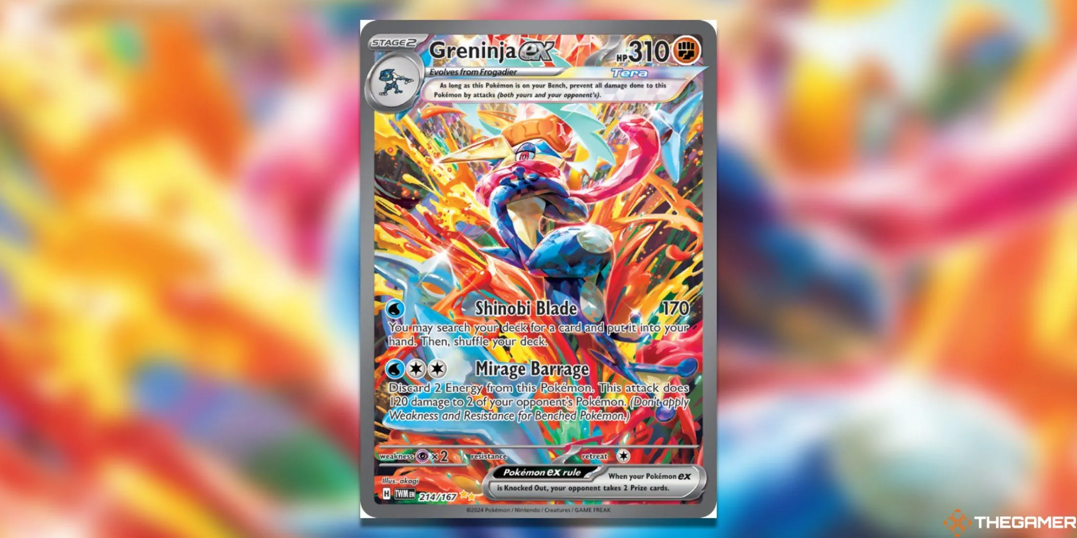 Thẻ Greninja ex Special Illustration Rare từ bộ Twilight Masquerade Pokemon TCG, với Greninja tạo dáng trên nền màu sắc sống động.