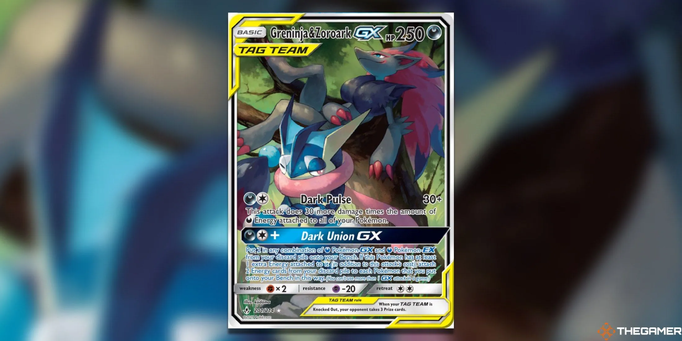 Thẻ Greninja &amp; Zoroark GX Alternate Full Art từ Unbroken Bonds Pokemon TCG, thể hiện sức mạnh hợp lực của hai Pokemon.