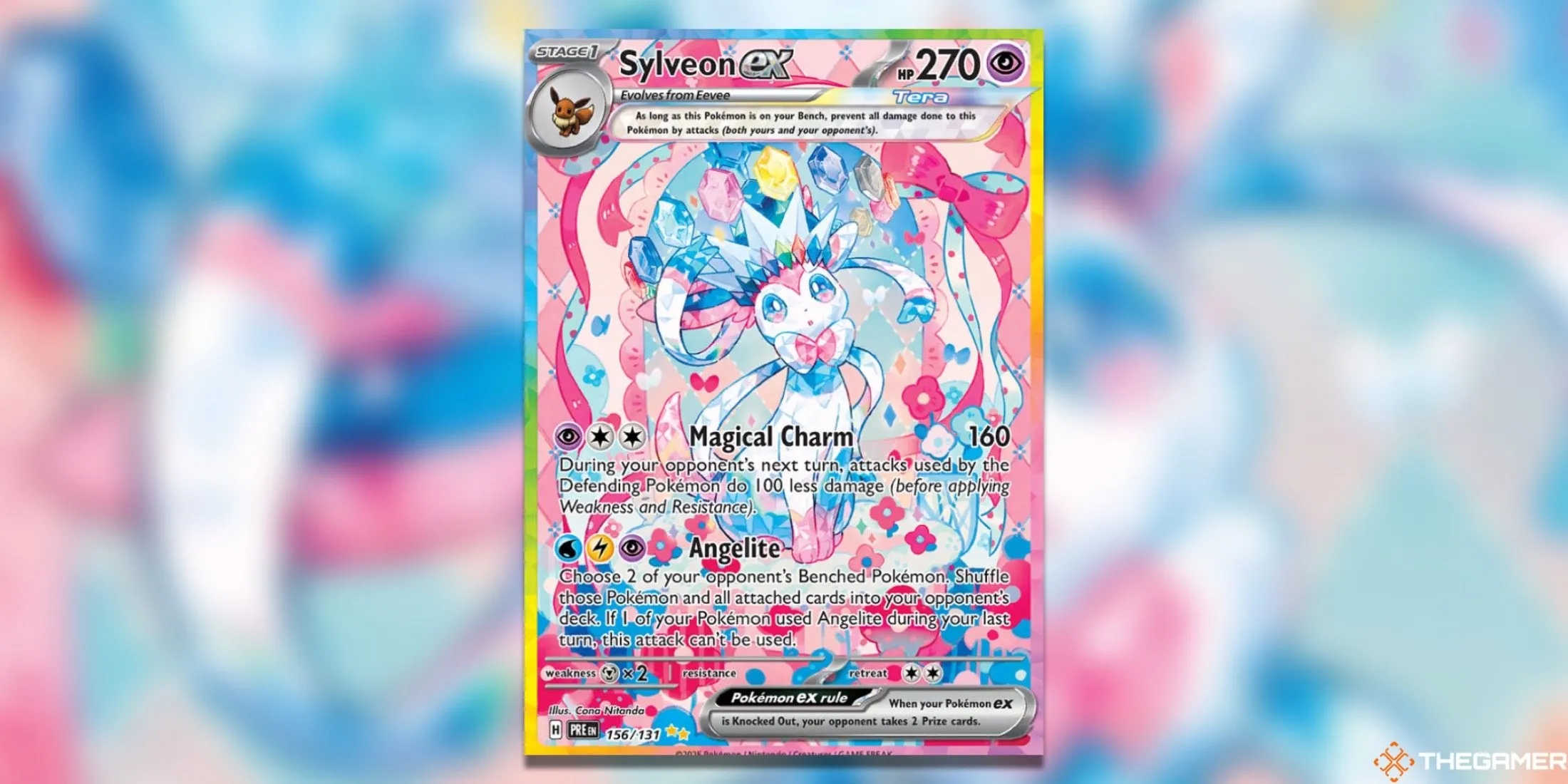 Thẻ Sylveon ex Special Illustration Rare từ Prismatic Evolutions Pokemon TCG, với thiết kế nghệ thuật rực rỡ và đầy màu sắc của Sylveon.