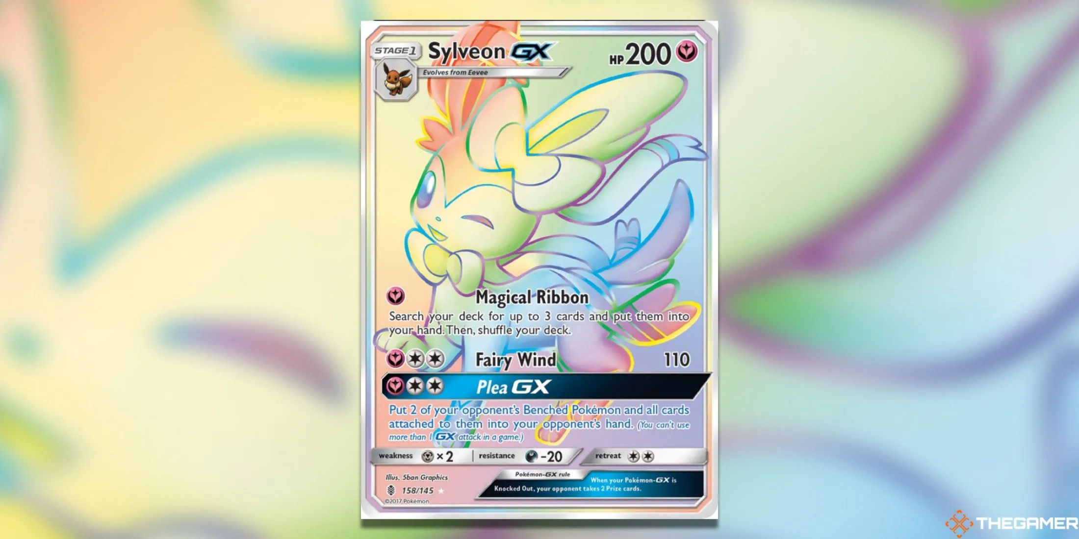 Thẻ Sylveon GX Secret Rare từ bộ Guardians Rising trong Pokemon TCG, thể hiện sự lấp lánh và độc đáo của thẻ bài hiếm.