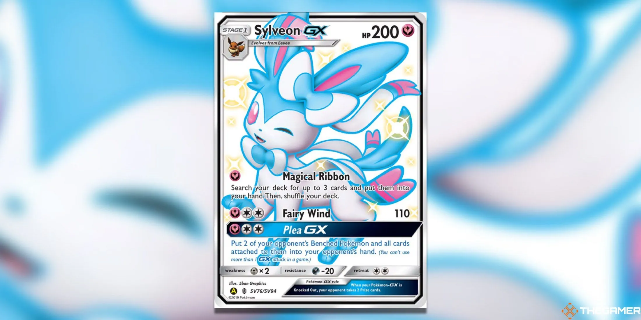 Thẻ Sylveon GX Shiny Holo Rare từ Hidden Fates Shiny Vault Pokemon TCG, với màu hồng lấp lánh và hiệu ứng holo nổi bật.