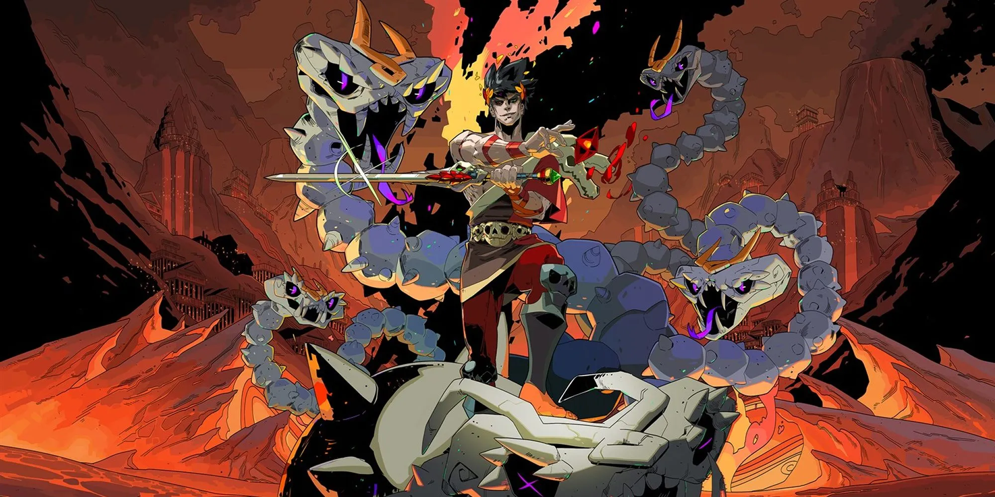 Zagreus đứng trên đầu con Hydra đã bị đánh bại trong Hades, thể hiện quyết tâm thoát khỏi địa ngục.