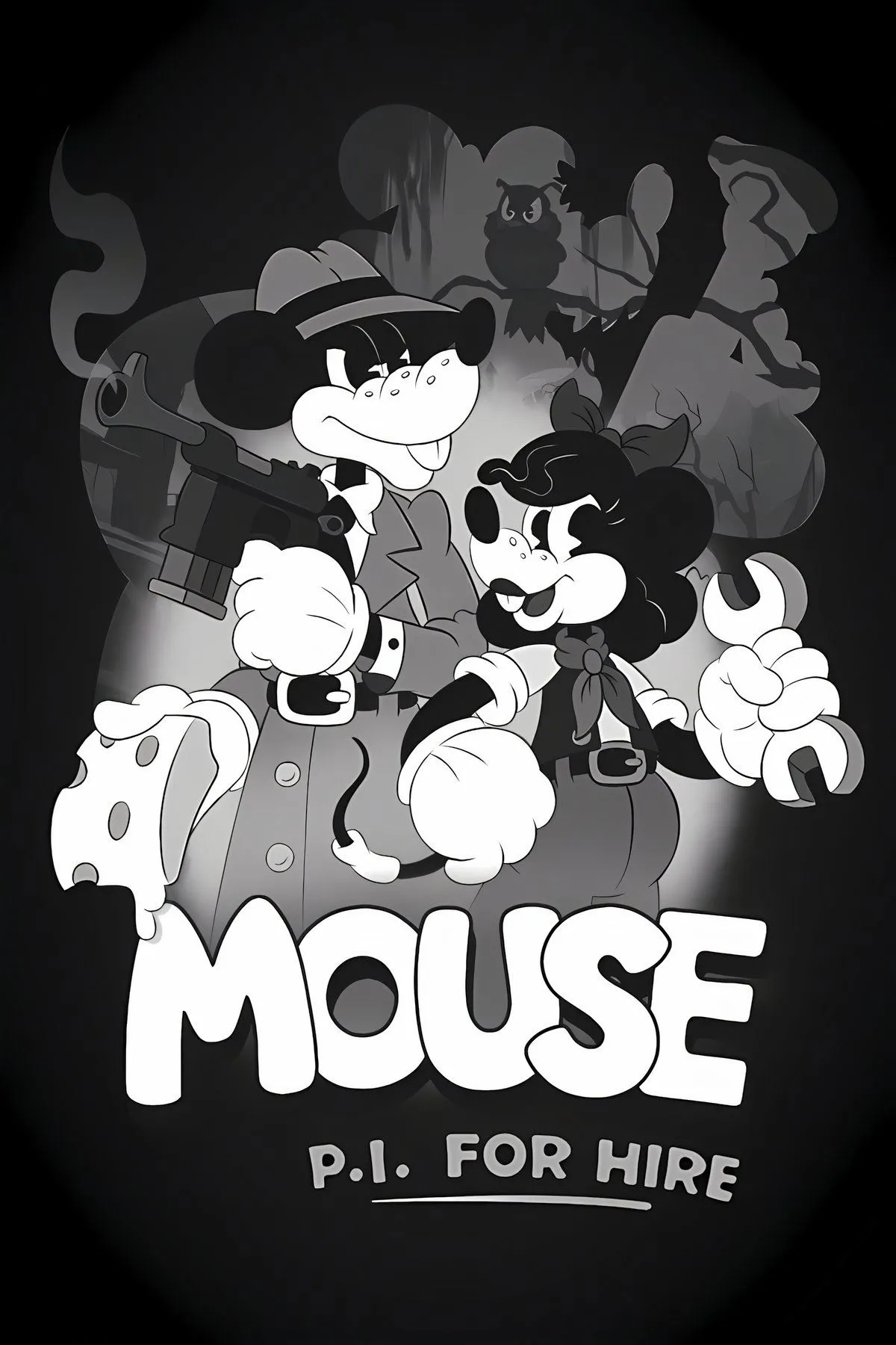 Bìa game Mouse: P.I. For Hire phong cách hoạt họa đen trắng rubber hose với nhân vật thám tử Jack Pepper