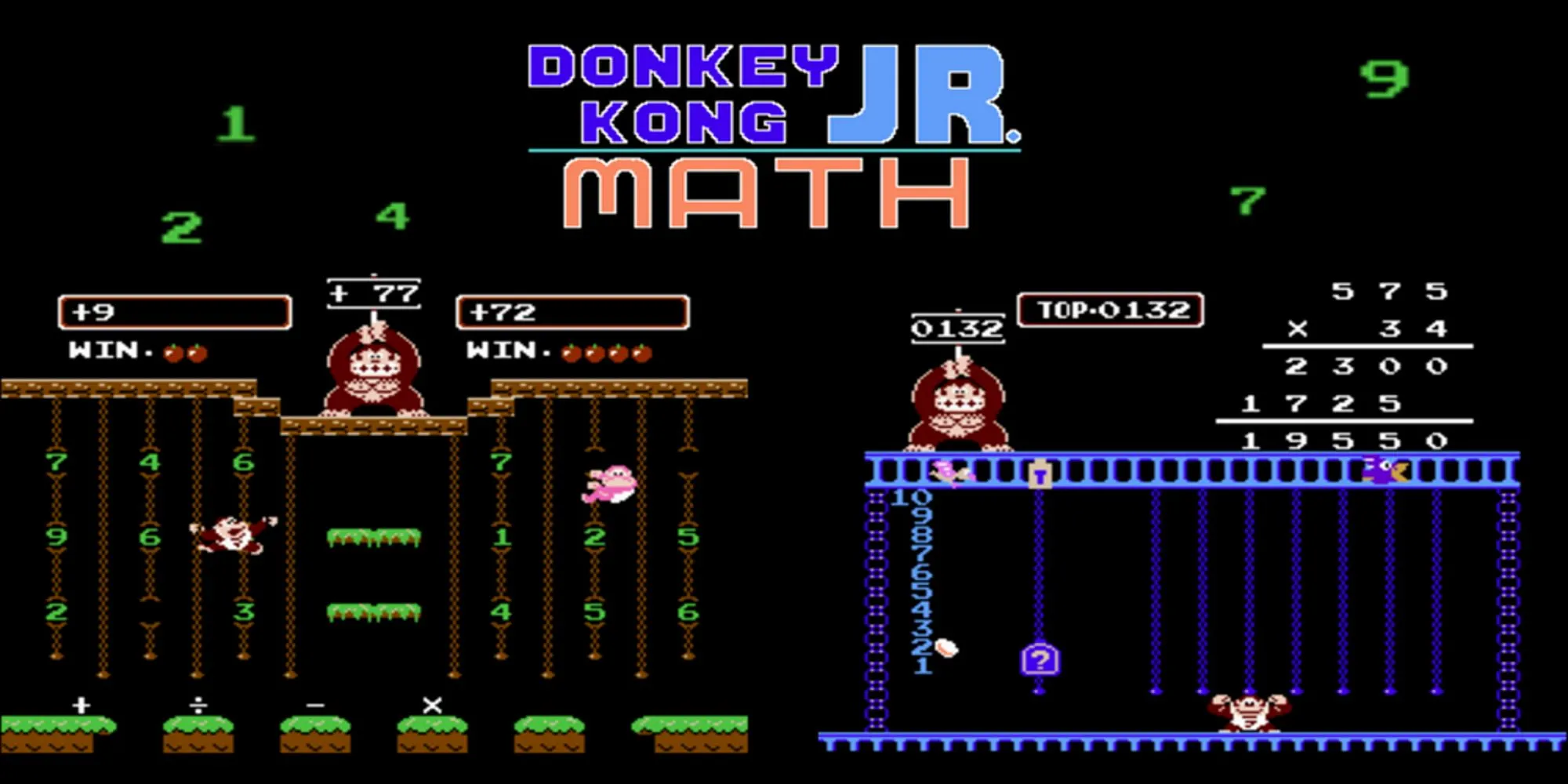 Bìa quảng bá Donkey Kong Jr. Math trên NES — game giáo dục bán ế của Nintendo
