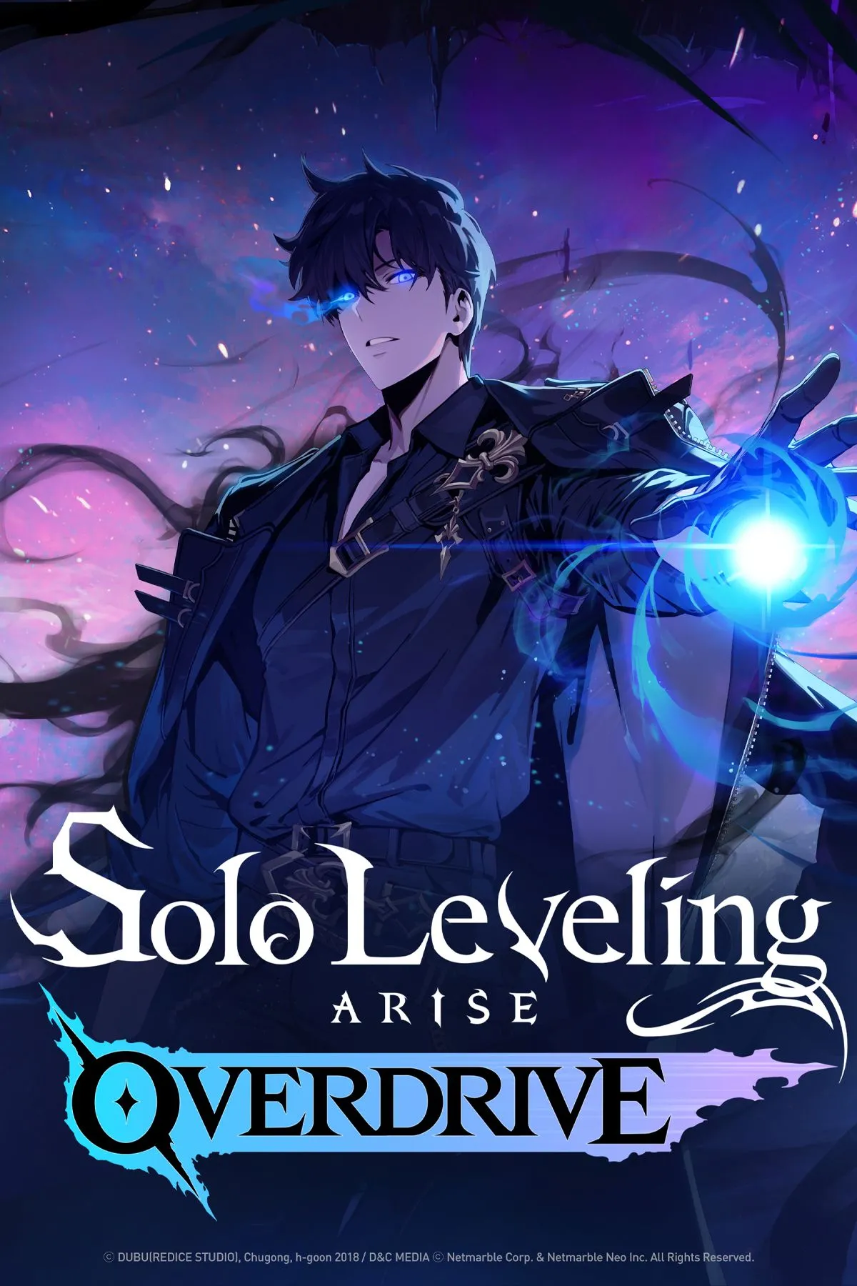 Bìa Solo Leveling: ARISE OVERDRIVE với Sung Jinwoo trong tư thế Monarch of Shadows