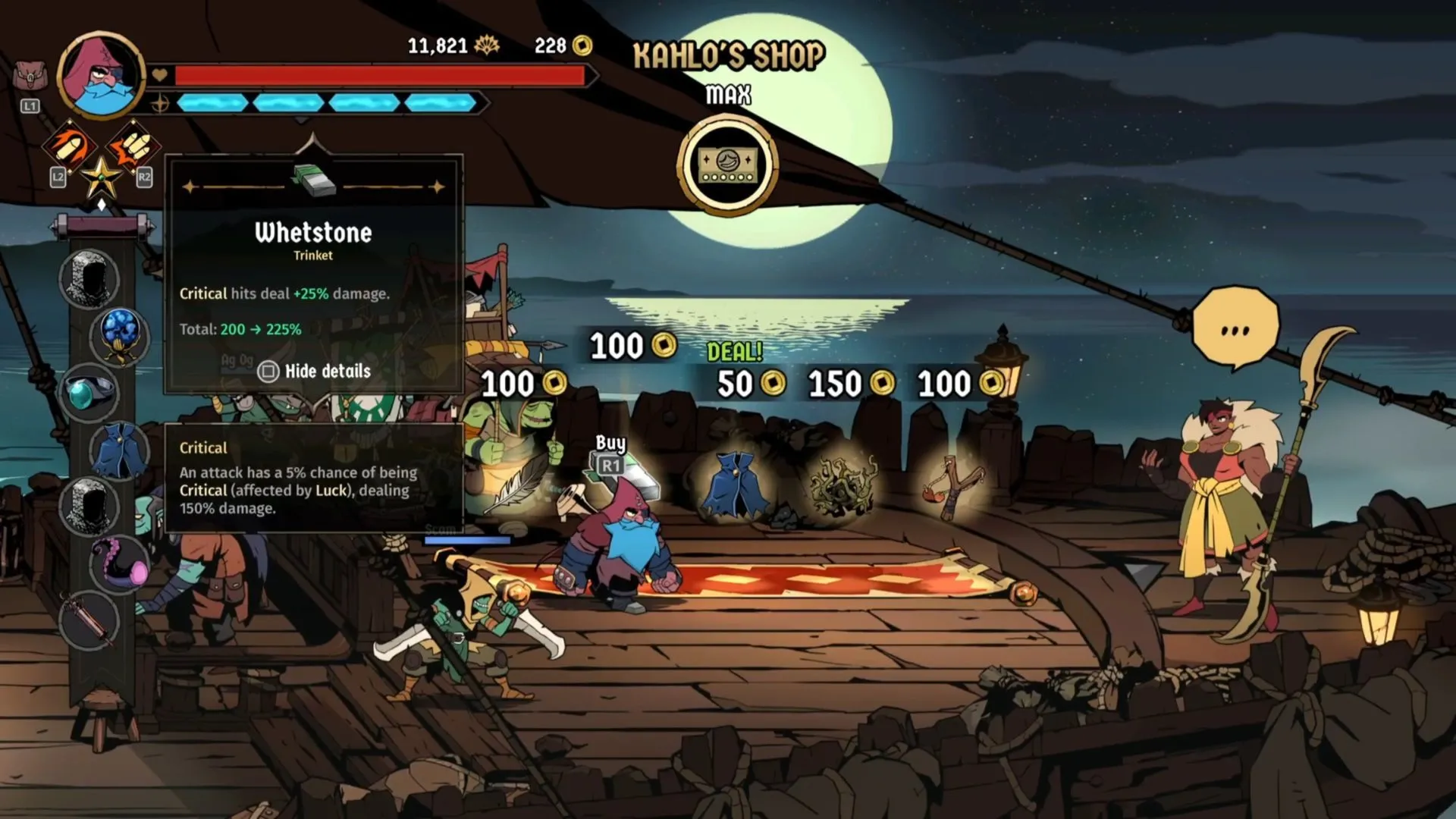 Bộ trinket phù hợp cho Karl: Tongue Charm, Whetstone, Shield giúp tăng Critical và Punish