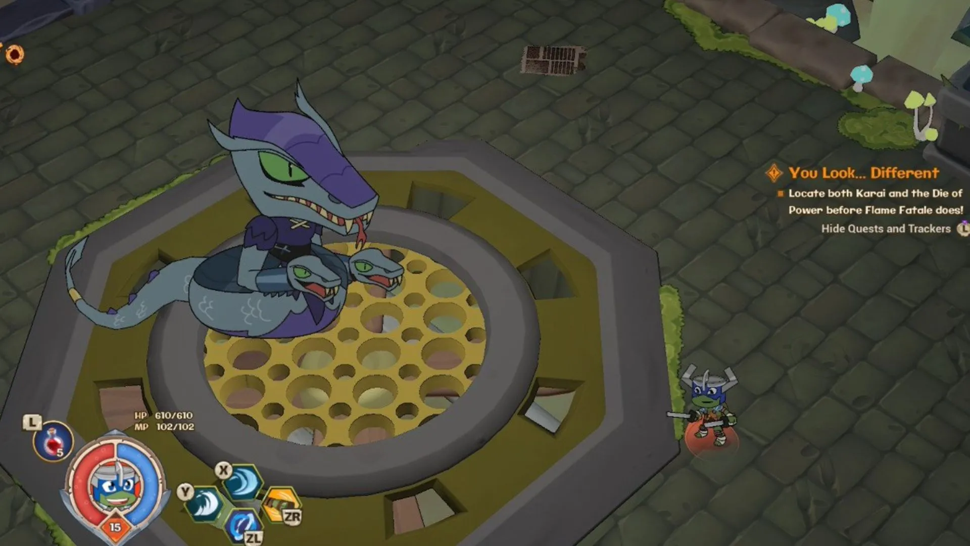 Boss chiến với Karai — một trong những thử thách khó hơn ở nửa sau game