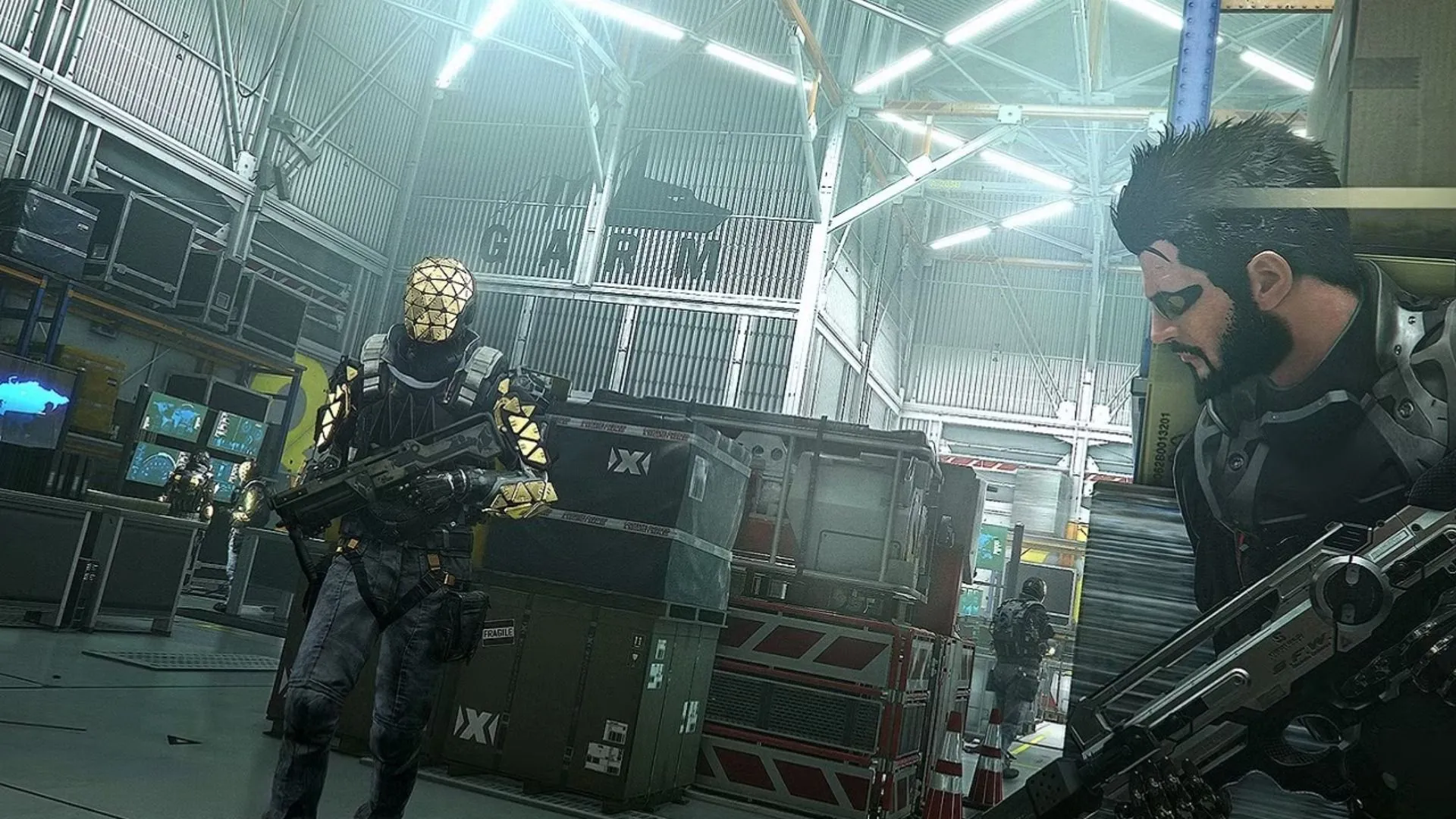 Cảnh trong Deus Ex: Mankind Divided với tông màu lạnh, nhấn mạnh yếu tố augment và âm mưu