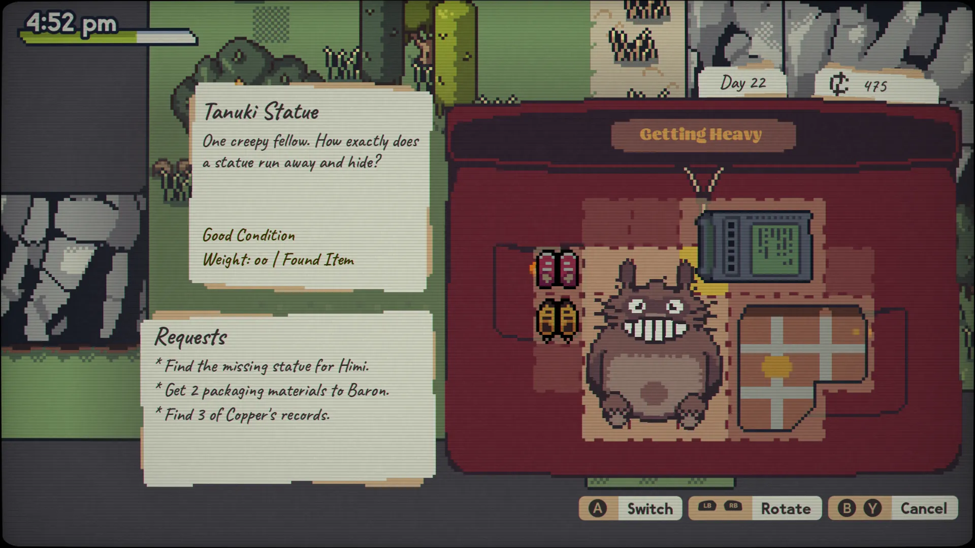 Giao diện inventory và menu nâng cấp trong Fading Serenades, tông pixel art thân thiện
