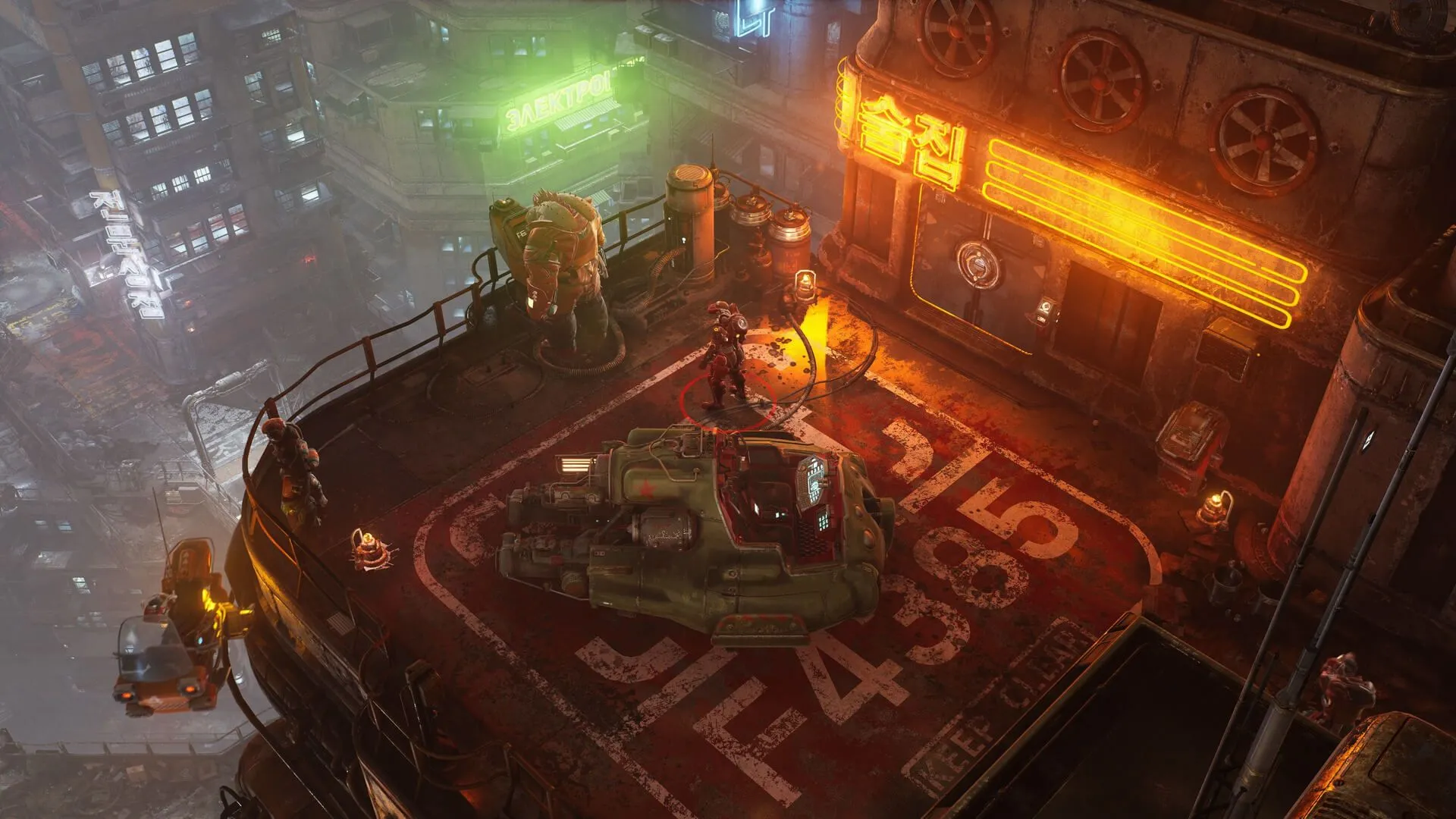 Góc nhìn top-down hỗn loạn trong The Ascent, bối cảnh cyberpunk neon và chiến đấu đồng đội