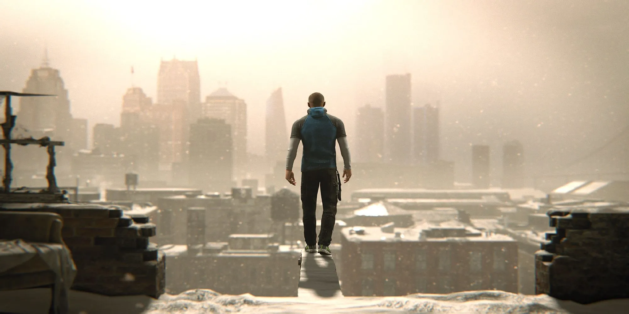 Markus đứng trên mép tòa nhà trong Detroit: Become Human, khoảnh khắc căng thẳng về lựa chọn