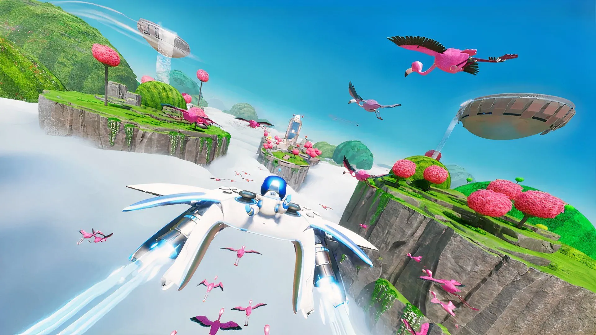 Nhân vật Astro Bot bay cùng hồng hạc trong đoạn gameplay platformer 3D, minh họa sức hút cơ bản của lối chơi