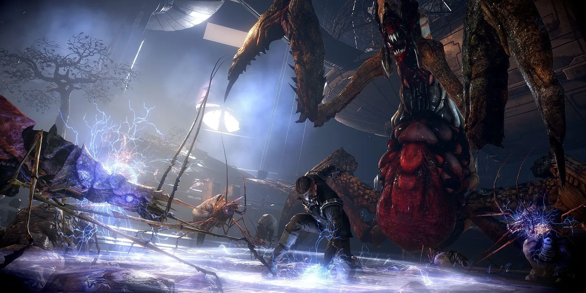 Nhân vật dùng năng lực điện tấn công quái vật trong The Technomancer, cảm giác sci‑fi khô khốc