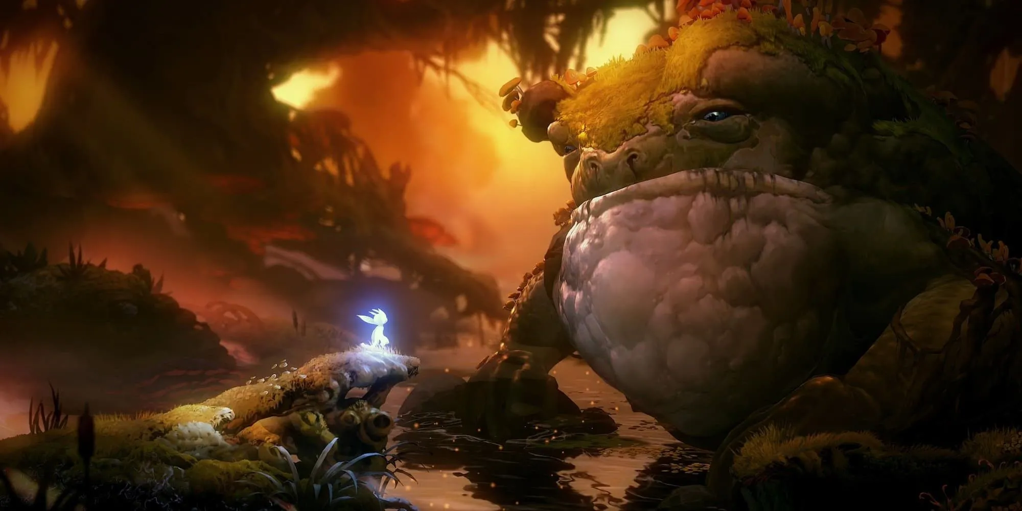 Ori &amp; the Will of the Wisps: cảnh sinh vật khổng lồ và nền rừng kỳ ảo thể hiện không gian để khám phá