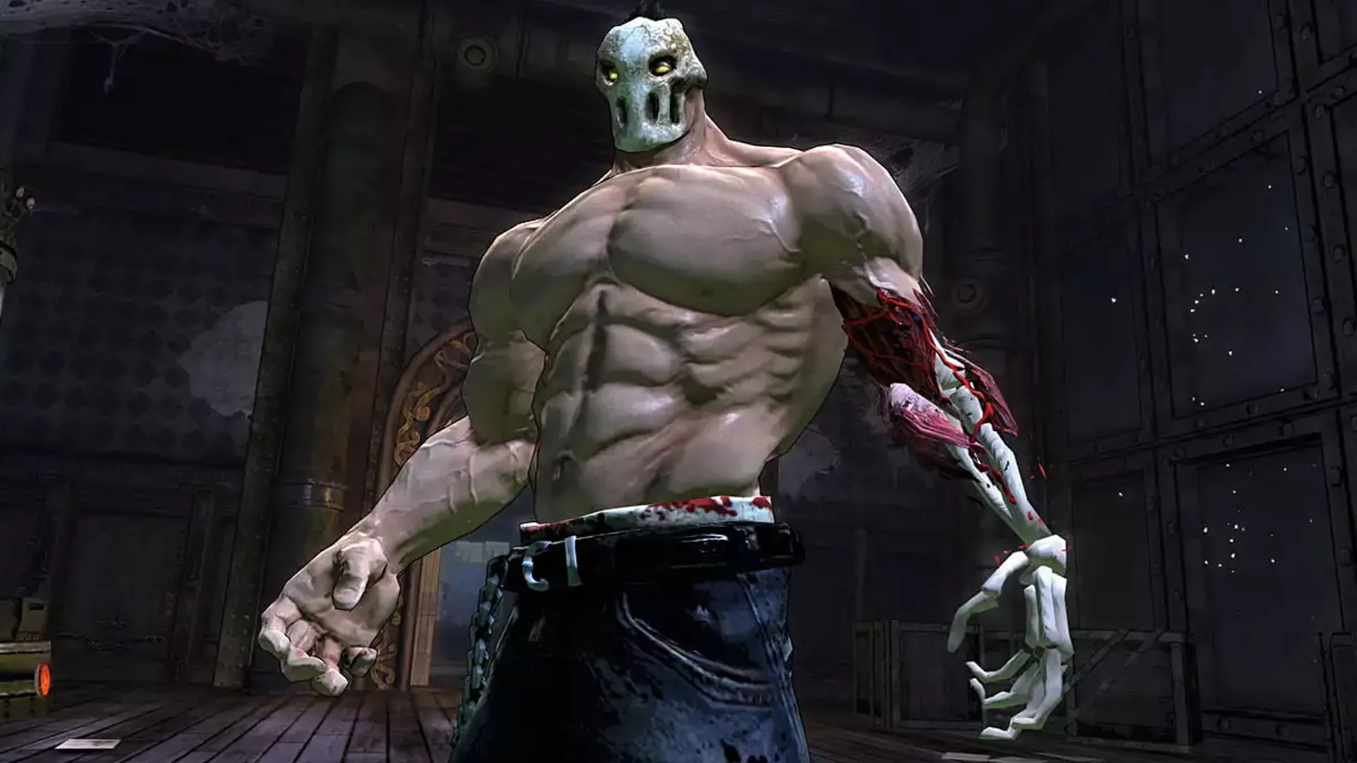 Rick trong Splatterhouse khôi phục lại chi thể trong bối cảnh bạo lực và huyền bí