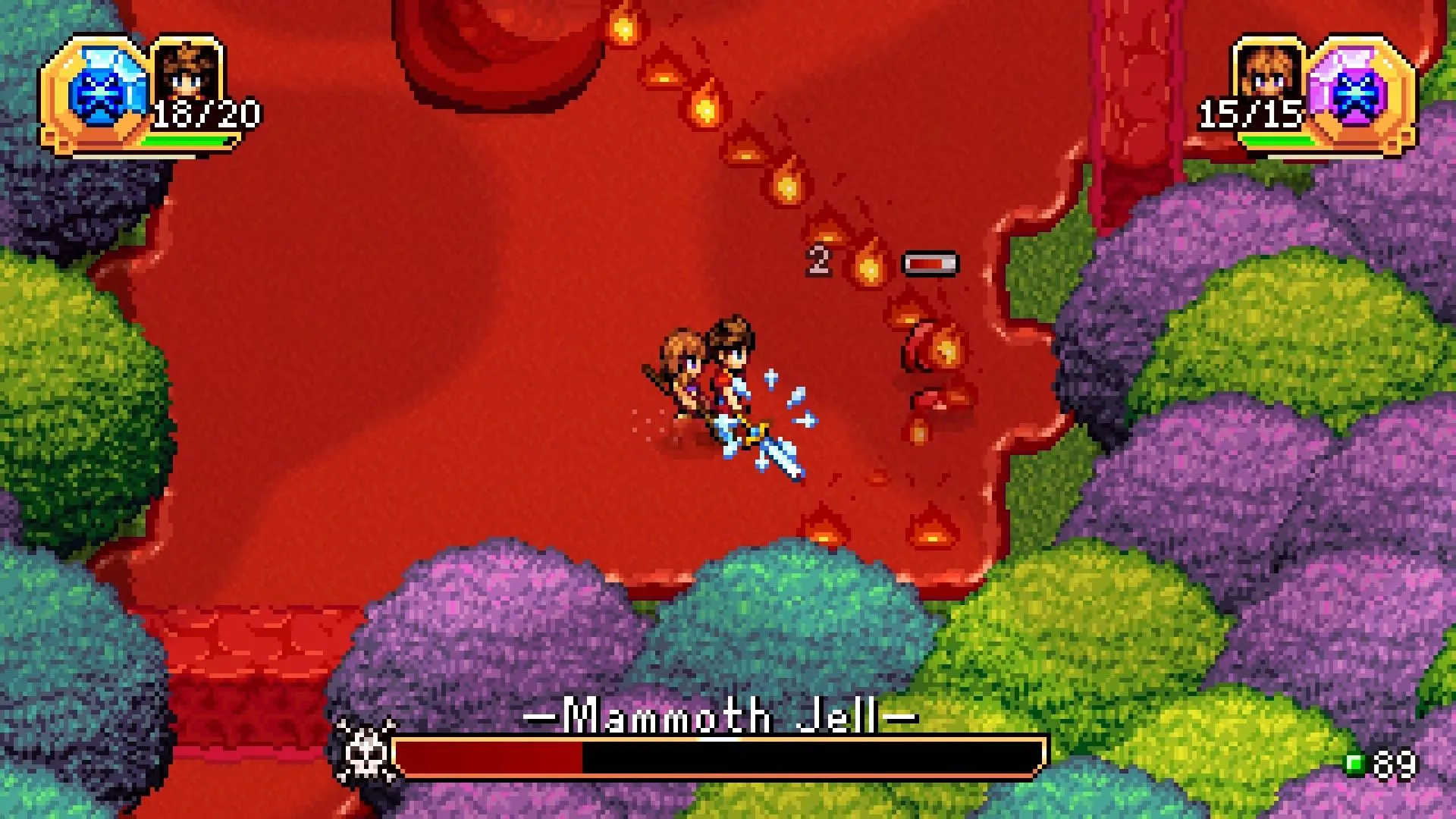 Rio và Reima đối đầu quái Mammoth Jelly, hiệu ứng phép và chiến đấu 16-bit