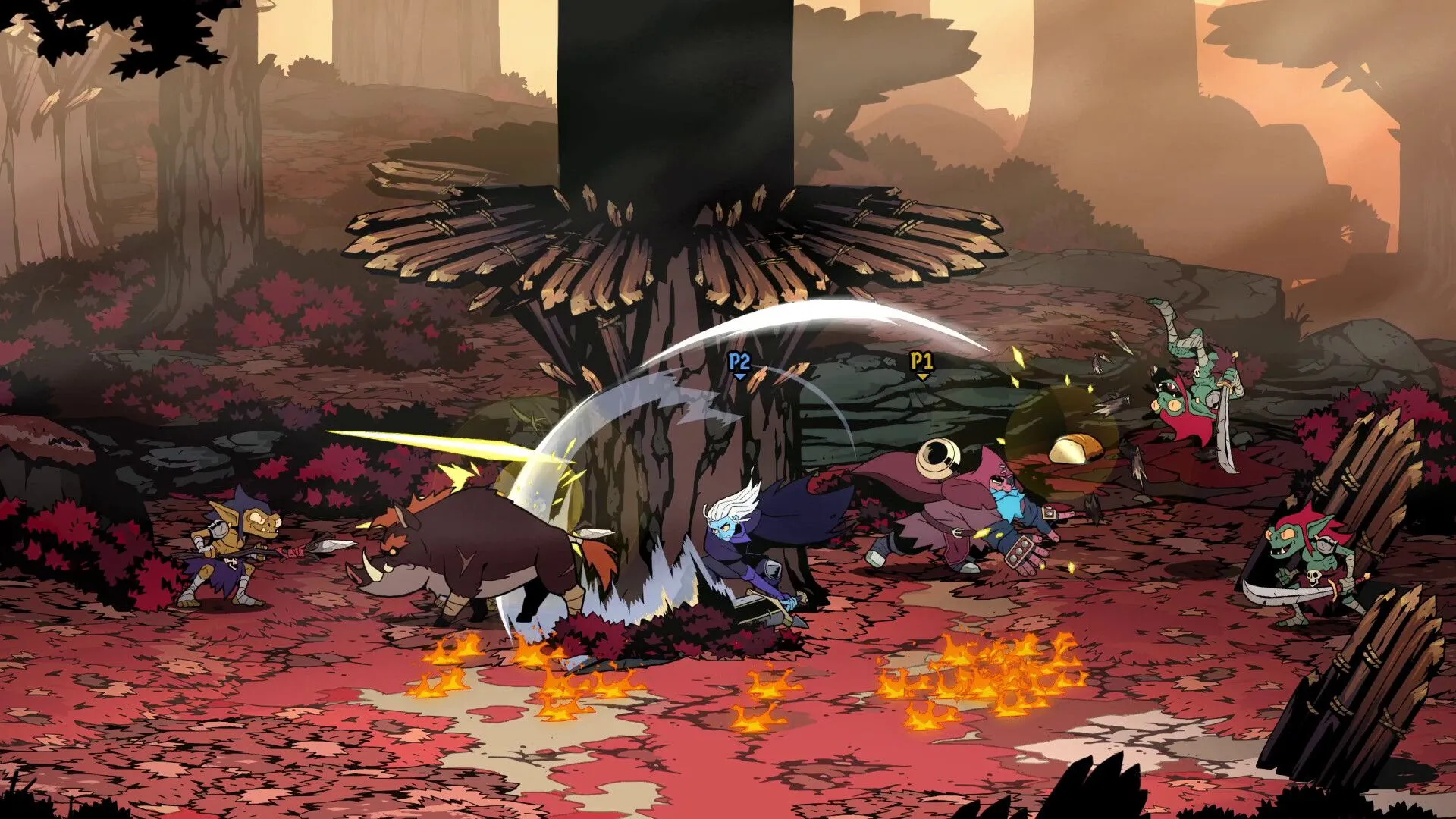 Screenshot gameplay Absolum cho thấy hiệu ứng chiến đấu, Arcana và ritual đang hoạt động