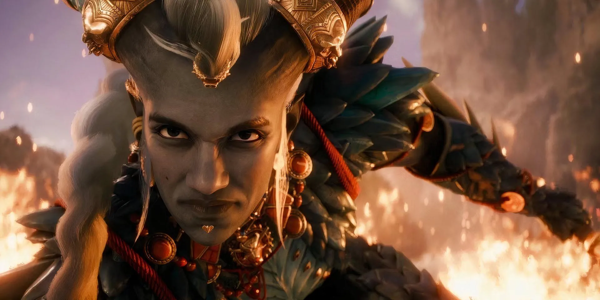Senua trong Dragon Age the veilguard Taash close up scowling with fire in background