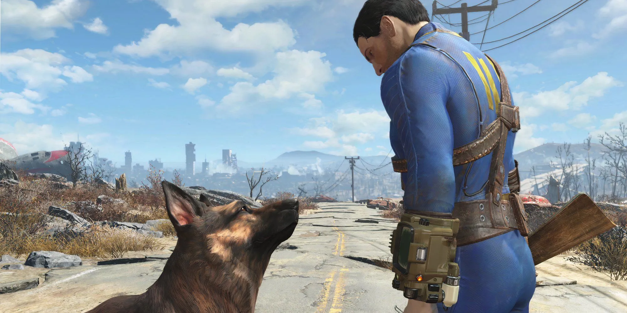 Sole Survivor và đồng hành Dogmeat trong Fallout 4, khung cảnh hoang tàn hậu hạt nhân
